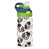 Bernese Mountain Dog Kids Water Bottle with Straw and Carry Handle Cute Dogs Puppy Paws Vacuum Insulated Stainless Steel Bottles Leak-Proof for Boys Girls Toddler 12 oz Green Lid