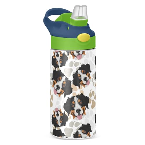 Bernese Mountain Dog Kids Water Bottle with Straw and Carry Handle Cute Dogs Puppy Paws Vacuum Insulated Stainless Steel Bottles Leak-Proof for Boys Girls Toddler 12 oz Green Lid