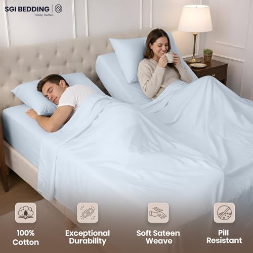 Image of SGI Split King Sheet Set for Adjustable Bed Egyptian Premium Cotton 600 Thread Count Sheets for Sleep Number Bed 15 inch Deep Pocket 5 Pc Set with 2 Twin XL Fitted Sheets Soft Breathable -Light Blue