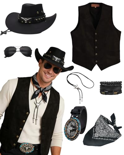 minkasic 7pcs Cowboy Costume Outfit for Men Western Cowboy Clothes Vest Hat Belt Bandana Accessories for Cowboy Party Cosplay Daily Black L