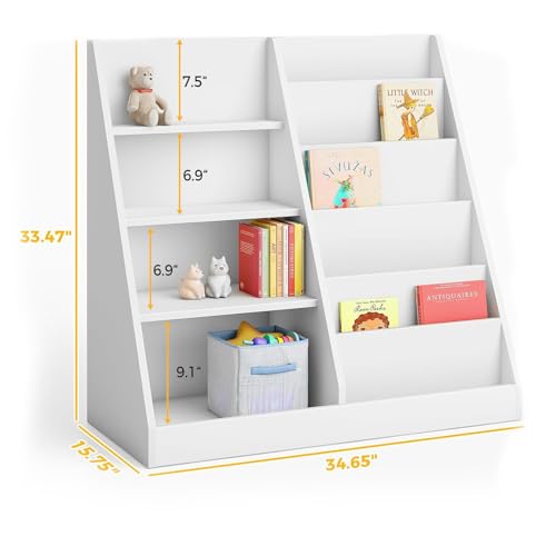 Image of Tatub 6 Tier Kids Wooden Bookshelf and Toy Storage, Children Toy Organizer with Book Shelves, Toddler BookRack Baby Bookcase for Nursery, Playroom and Classroom, White