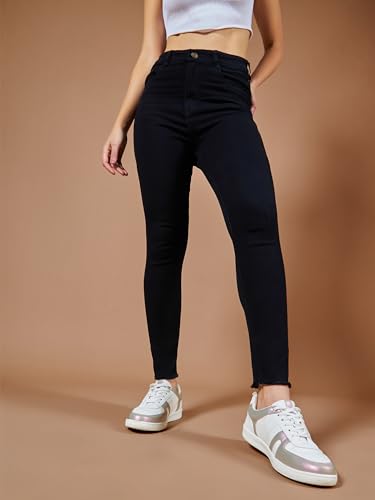 Image of Miss Chase Women's Skinny High Rise Cropped Fringed Hemline Detailing Stretchable Denim Jeans
