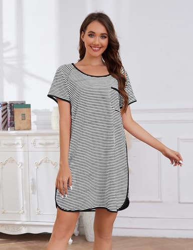 Image of VibeVista Cotton Nightgowns for Women Summers Striped House Dresses Short Sleeve Crew Neck Sleepwear Sleepshirts Sleep Dress