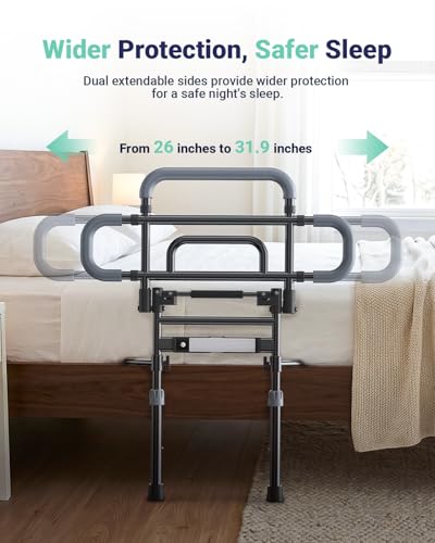 Bed Rails for Elderly Adults Safety, 180° Foldable Bed Rail with Adjustable Height & Width, 350lb Load, Extra-High Design, Wide Base, LED Light & Storage Pockets – Fits King/Queen/Full/Twin Beds - Image 4