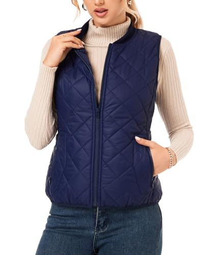 Fuinloth Women's Quilted Vest, Rib Collar Lightweight Zip Padded Gilet Dark Blue L