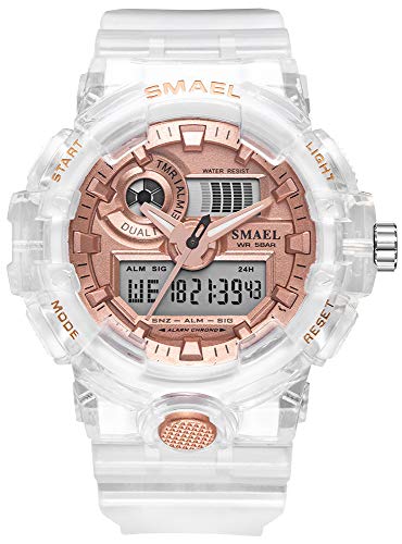 Men's Analog Display LED Watch Military Multifunctional Waterproof Quartz Sports Watch with Transparent Strap(White Gold) (White Rose)