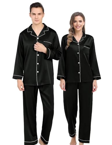 SWOMOG Couples Matching Silk Satin Pajamas Set Long Sleeve Sleepwear Soft Button Down Loungewear 2 Pcs Pj Set(Women Black Small)