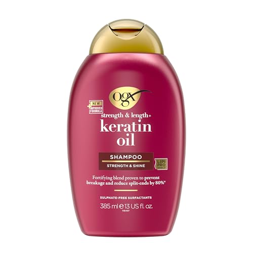 OGX Champú de aceite de queratina (385 ml) – Champú reafirmante antirotura del cabello con aceite de queratina para el cabello dañado, previene la rotura del cabello y reduce las puntas abiertas hasta