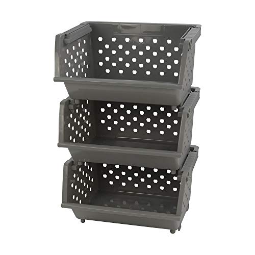 Callyne Gray Plastic Stacking Organizer Basket, Stackable Storage Basket, Set of 3