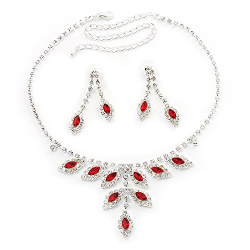 Preisvergleich Produktbild Brautschmuck, Rot / Klarer Strass, Blumenmotiv, Halskette- & Ohrringe Set, versilbert