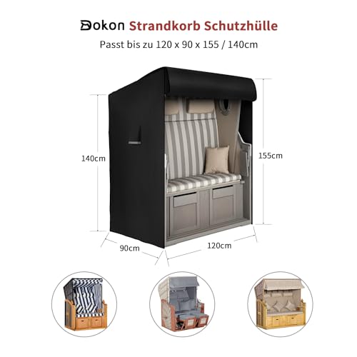 Dokon Strandkorb Abdeckung Wasserdicht, Strandkorb Schutzhülle Winterfest 420D Oxford Gewebe Winddicht Anti-UV Abdeckhauben für Strandkörbe mit Belüftungsöffnungen - 120x90x155/140cm – Bild 3