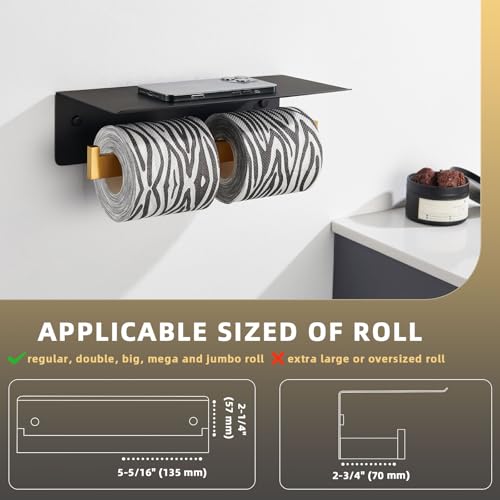 Image of Angle Simple Bathroom Toilet Paper Holder with Phone Shelf, Black and Gold | SUS304 Stainless Steel, 2 in 1 Tissue Roll Holder, Double Roll Storage, Top Shelf for Phone Wet Wipe Small Item, Screw Mount