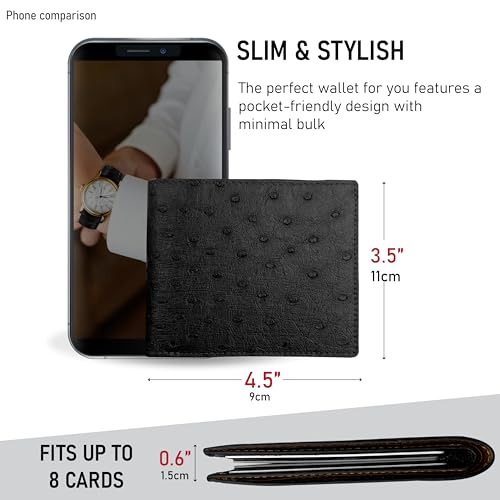 Image of Black Ostrich Double Side Leather Bifold Wallet, RFID Blocking Mens Wallet