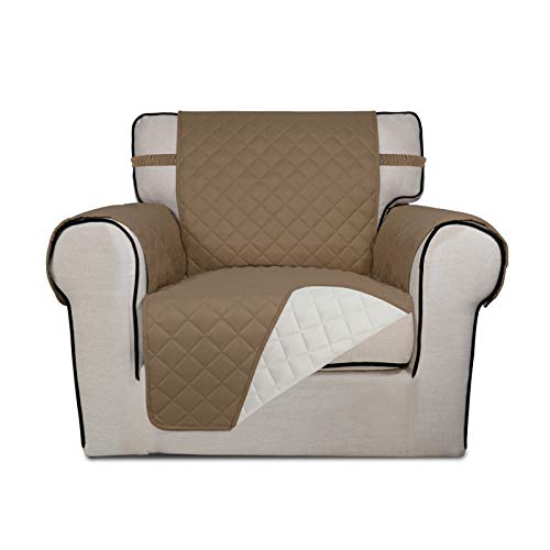 Image of PureFit Reversible Quilted Sofa Cover, Water Resistant Slipcover Furniture Protector, Washable Couch Cover with Non Slip Foam and Elastic Straps for Kids, Dogs, Pets (Chair, Camel /Ivory)