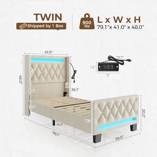 Rolanstar Bed Frame with LED Light and Charging Station, Upholstered High Headboard and Footboard, Wood Slats, Noise Free, Easy Assembly, Grey/Beige - Image 3