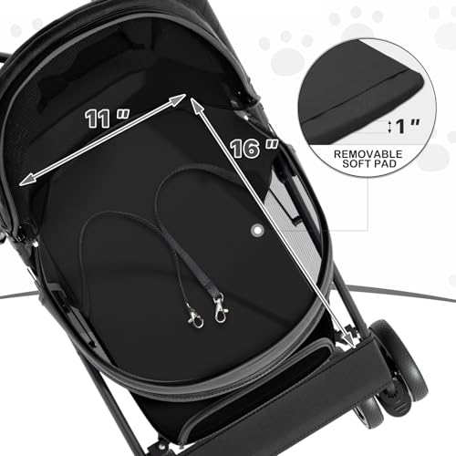 Image of MoNiBloom 4 Wheels Pet Stroller, Easy-Fold Puppy Cage Jogger Stroller with Sun Cover, Pad and Rear Storage Bag, Breathable and Visible Mesh for Small /Medium Pets up to 22 lbs, Black