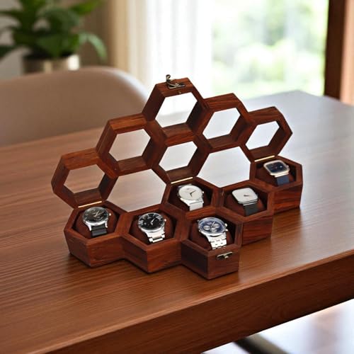 Image of Vintage Wooden Watch Box for Men, Timepiece Display Case, Honeycomb Watch Storage & Organizer, Jewlery Box for Women, Anniversary Gift For Husband (6 Compartments)