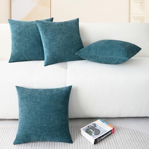 Image of CaliTime Throw Pillow Covers Decorative 18 X 18 Inches Pack of 4 Cozy Chenille Cushion Cases for Couch Sofa Bed Living Room Home Ocean Blue