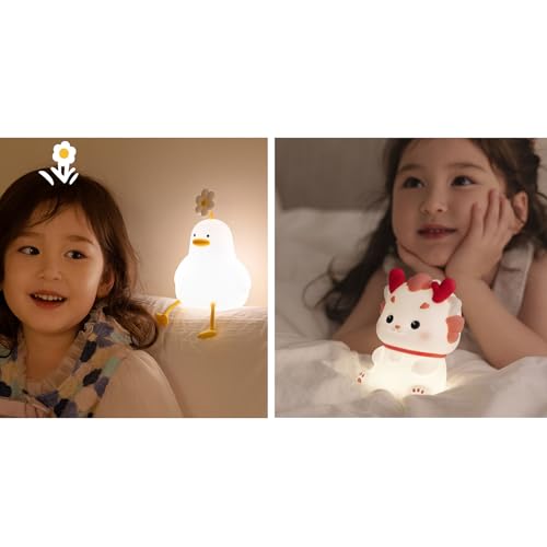 TJT 授乳ライト ナイトライト かわいいベッドサイドランプ 鴨と龍のセットデザインのシリコン授乳ライト 3段調光 30分タイマー機能 (鴨と龍のセット)