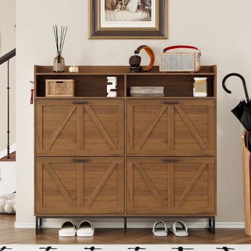 Image of BORNOON Shoe Cabinet with 4 Flip Drawers Narrow Shoe Storage Cabinet Organizer Wooden Freestanding Shoe Rack Hidden Slim Shoes Storage Cabinet for Entryway, Hallway, Living Room, Bedroom