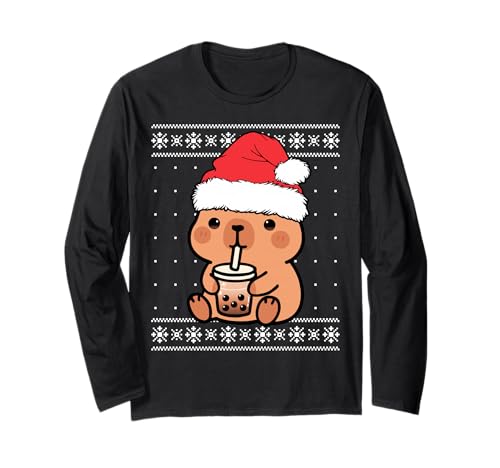 Cute capybara boba santa hat christmas kawaii xmas kids long sleeve t-shirt