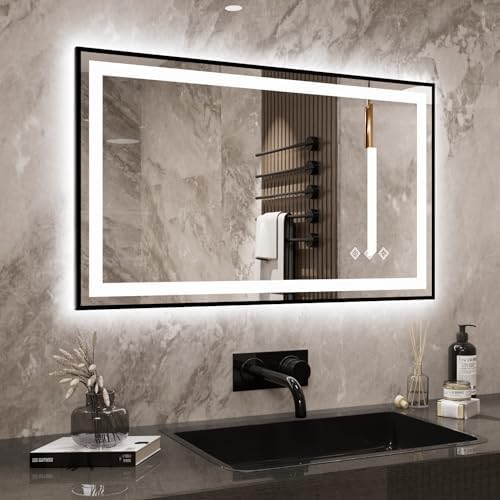 LED Mirror, 40x24 Inch Black Framed Gradient Front and Backlit Li...