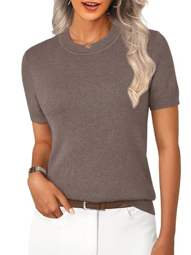 SLOWCOLIN Women's Wool Blend Short Sleeve Sweater Lightweight Business Casual Knit Pullover Top Coffee X-Small — view 2