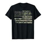 Husband Daddy Protector Hero Fathers Day Camo American Flag T-Shirt