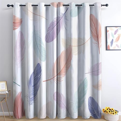 Rideau Occultant 3D Impression Plumes De Fantaisie Rideaux Salon Moderne Thermique Isolant Anti Froid Polyester 91.5L X 160H cm (2 Panneaux) Rideaux De pour...