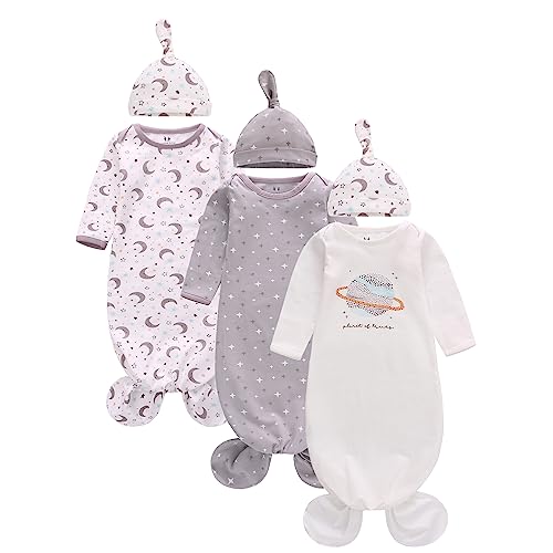 Image of Newborn Knotted Nightgown Long Sleeve with Matching Hat Set 3 Pack, Baby Sleeper Gowns Unisex Home Outfits Set with Mitten Cuffs for Boys Girls 0-3 Months