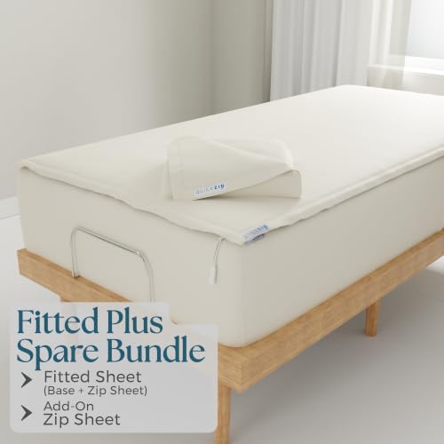 Image of QuickZip Fitted Plus Spare Bundle: 1 Fitted Sheet (Base + Zip Sheet) & 1 Zip Sheet - Easy to Change, Won't Pop Off - Soft Percale 400 TC 100% Cotton - 15 inch Deep Pockets Twin XL Size - Ivory