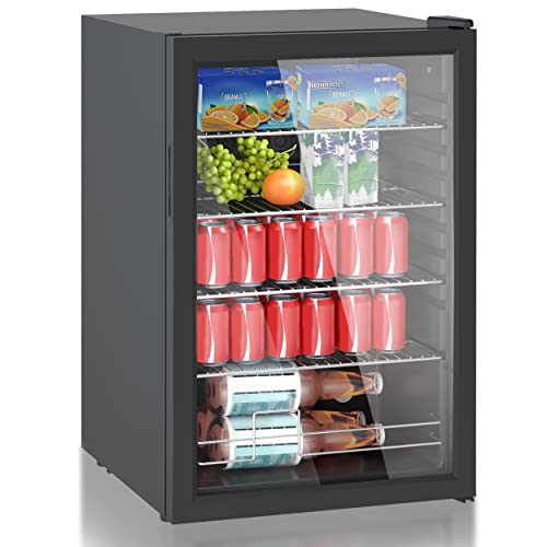Heinrich´s Getränkekühlschrank, 5 bis18°C, 115Liter/4 Ablagen/41db Mini Kühlschrank mit Glastür kompakt und leise: 41dB, LED-Innenraumbeleuchtung, perfekt geeignet für Büro Camping Garten
