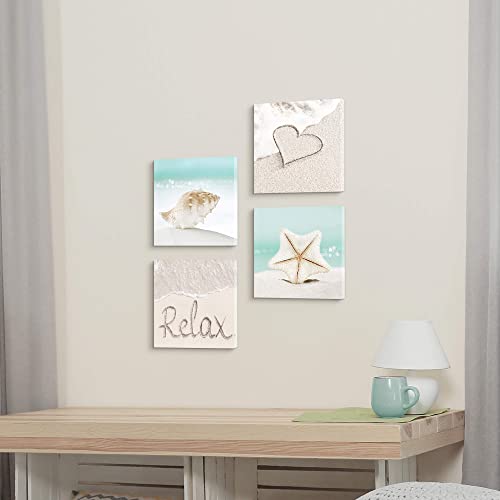 Coastal Seashell Picture Wall Art - Beach Themed Canvas Print Relaxing Seascape Artwork Contemporary Calming Seaside Starfish Conch Nature Photography Summer Blue Sea Ocean Scenery Painting For Bathroom Bedroom Office #TOP2