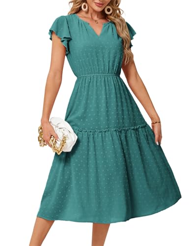 JASAMBAC Women's Casual Dresses Floral Print A-Line Pleated Hem Maxi Dress V Neck Short Sleeve Blue-Green Beach Sun Dresses L