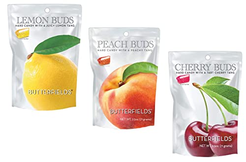 Butterfields Candy - Gourmet, Old-Fashioned Hard Candy - PEACH, CHERRY, & LEMON Buds | Gluten Free | Made with 100% Real, Pure Cane Sugar | Handcrafted in the USA- 2.5 oz. (3-Pack)