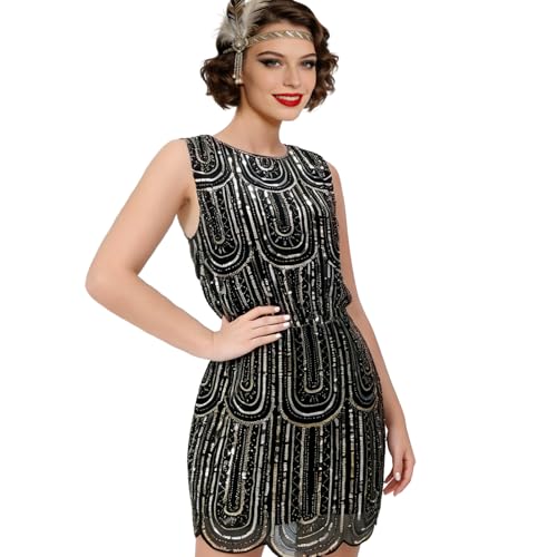 ELECLAND Women's 1920s Vintage Sequin Dress Sleeveless Round Neck Elastic Waist Flapper Dress for Gatsby Party, Evening, Prom (Black Gold, S/M)