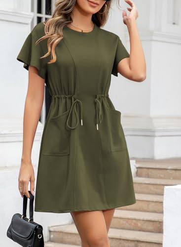 Image of EVALESS Womens Spring Summer Dresses 2026 Casual Round Neck Ruffle Short Sleeve Flowy A Line Mini Dress with Pockets