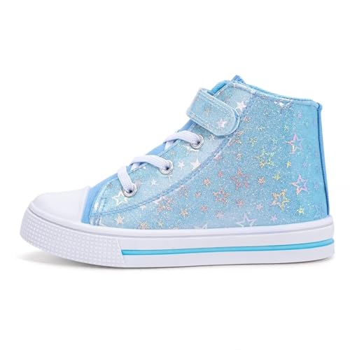 EUXTERPA Kids High Top Shoes Toddler Canvas Sneakers Girls Casual Walking Sports Shoe, Blue Silver Star, Toddler Size 8