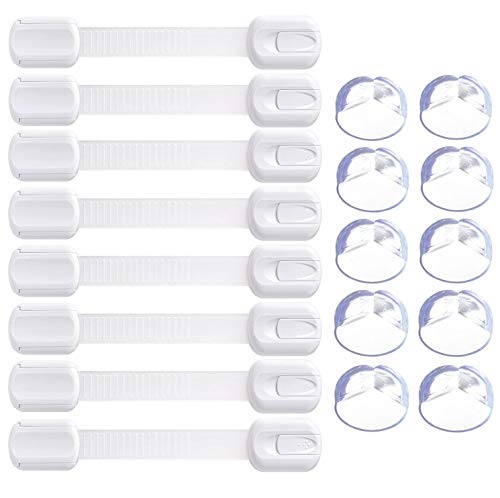 Seguridad Puertas Niños, Newlemo Cierre Seguridad Cajones Bebe Ajustables para Armario, Frigorífico, Cajones, Inodoro, Sin Tornillos o Perforación, 8 Pieza + 10 protector esquinas