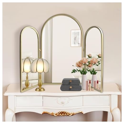 BAODANFU Trifold Vanity Mirrors 3 Way, 30 x 37in Adjustable Vanity Mirrors for Bathroom, Bedroom, Champaign Golden Arch Mirrors Wall Mounted Decoration, Braiding Hair, Makeup 360° Way