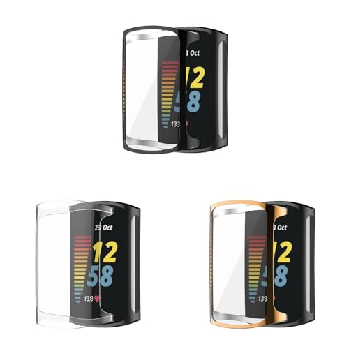 Funda compatible con Fitbit Charge 6, 3 unidades de protector de pantalla de TPU flexible, resistente a los arañazos, carcasa protectora para Fitbit Charge 6/Charge 5 (negro/claro/oro rosa)