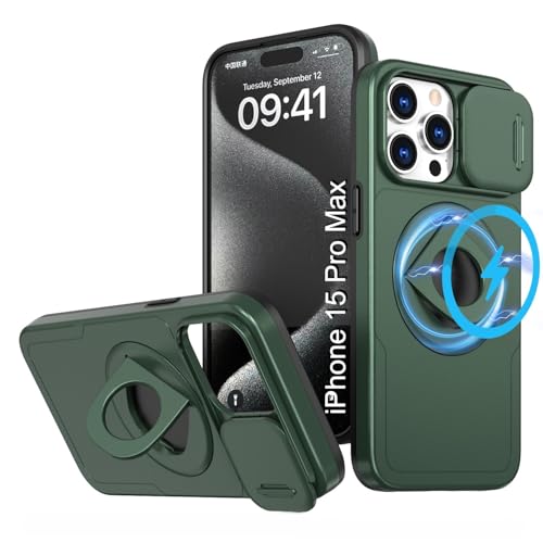 Image of LuxuryKase MagSafe Shockproof Rugged Back Case for iPhone 15 Pro Max | Finger Ring Kickstand & Sliding Camera Cover | Military Drop Protection | Wireless Charging Support - Dark Green