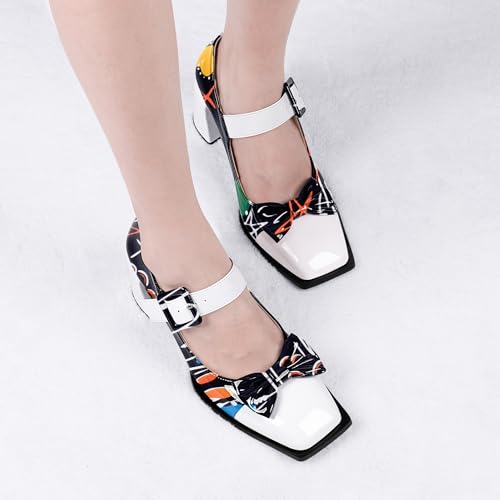 Women's Bow Block High Heel Mary Janes Shoes Buckle Strap Square Toe Pumps3