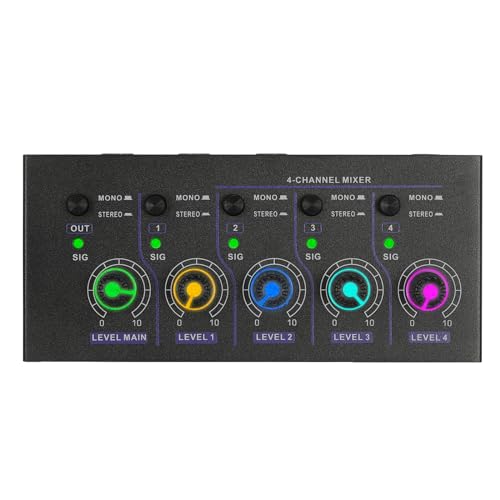 Mini 4-Kanal-Studio-Audio-Mixer, Stereo Sound Mischkonsole und 4-in-1-Out Unterstützung Mono, Mischpult mit USB Type-C für Recording DJ Karaoke Stage, Heim-KTV, Aufnahmestudios, Live-Streaming