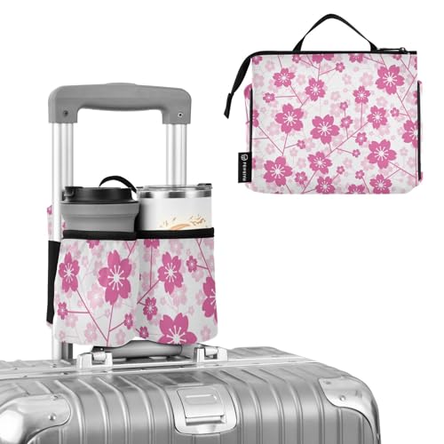 Image of Luggage Cup Holder for Suitcases Free Hands Suitcase Cup Holder Travel Luggage Drink Holder Portable Luggage Cup Caddy Bag Carrier with Handle Cherry Blossom Floral Pink