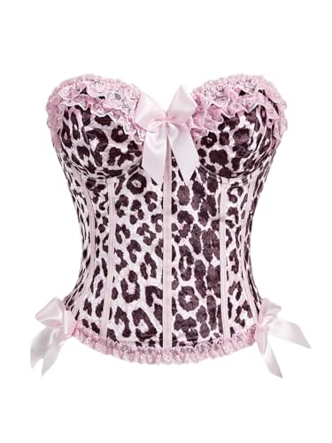 MakeMeChic Women's Leopard Print Corset Top Bow Lace Strapless