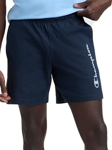 Image of Champion Men's Graphic Lounge Shorts, Standard Fit, 7 Inch Inseam, Script Logo, Lightweight 100% Cotton Jersey