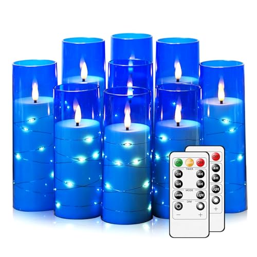 Image of Nimiko Flickering Flameless LED Candles,Battery Operated Candles 9 Pcs with Embedded Star String,Acrylic LED Pillar Candles with Remote,Suitable for Home Decoration to Create an Atmosphere (Blue)