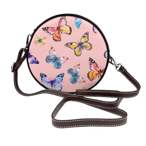 Sac à bandoulière rond en cuir végétalien coloré Butterflies avec sangle réglable pour femme