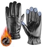 FEAWIAI Guantes de Piel para Hombre, Guantes Negros de Cuero con Pantalla Táctil, Guantes para Frio, para Moto y...